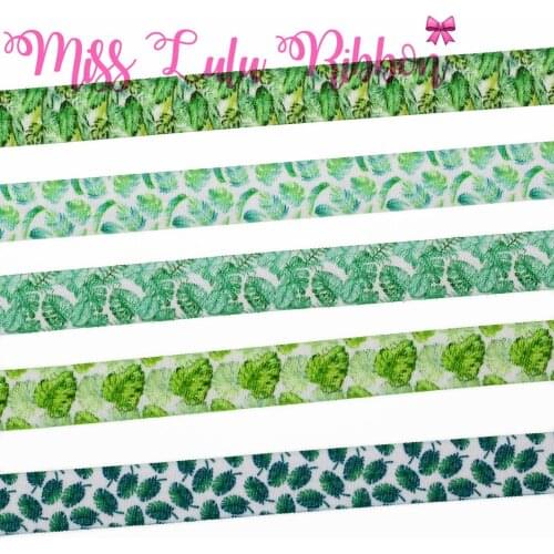 5/8"16mm Green Series Leaf Patterns Printed Elastic Ribbon DIY Party Gift Decor Hair Bowknots Making 50yards/roll