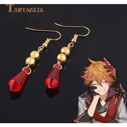 Anime Genshin Impact Tartaglia Game Earring Jewelry Accessories Ear Hook Cosplay Unisex Ruby Take Photo Props Collectible Gift