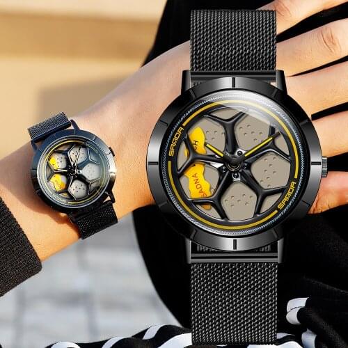 Men Rim Hub Watch Fashion Waterproof Sport Quartz WristWatch Stainless Steel Car Wheel Mesh Strap Man Watch Relogio Masculino