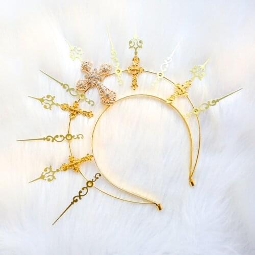 Gothic Lolita KC Halo Headpiece Virgin Mary Sun Goddess Black Golden Cross Spikes Halo Crown Baroque Tiara Hair Accessories