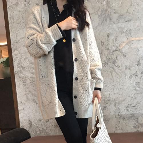 Cashmere Cardigan Womens Jacket Mid-length Hook Flower Hollow Wool Knitted Loose Lazy Sweater Large Size All-match Jacket