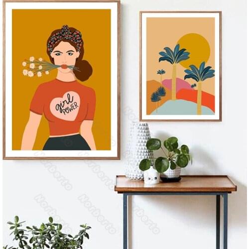 Canvas Painting Posters Cartoon Pictures Orange Backgound a Young Girl with Confidence Little Trees Sun for Home Rooms Decoratio
