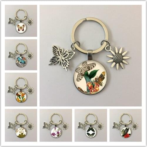 Beauty Colorful Flying Butterfly Round glass cabochon keychain Bag Car key ring chain Holder Charms keychains for gift