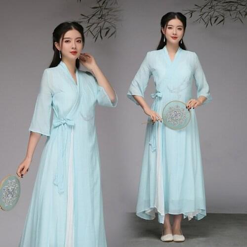 Summer Woman clothing Cotton Linen 2 Piece Sets Blue Grey Pink half Sleeve gown with a strap long dress oriental elegant costume