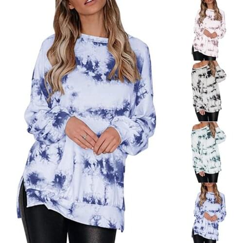 Hot kf-Womens Tie Dye Print T Shirt Sweatshirts Long Sleeve Crewneck Casual Pullover Shirts Vintage Tops