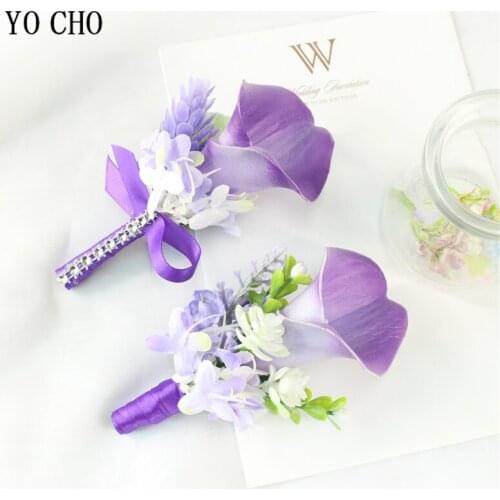 YO CHO Wedding Groomsmen Boutonniere PU Calla Lily Artificial Flower Men Brooch Pins Groom Corsage Party Prom Wedding Accessory