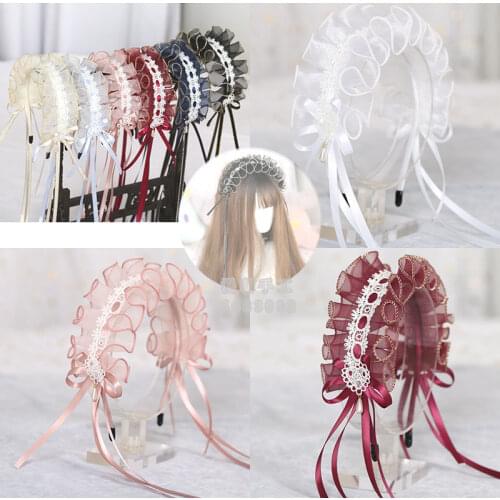 Japanese Style Soft girl Lolita Lace Trim Bow Ruffles Headband KC Headdress Versatile KC Hair Band Fairy Headwear Cosplay Japane