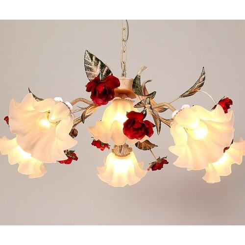 Pastoral Korean wrought iron pendant light pink rose flower bedroom dining room hanging lighting lamp