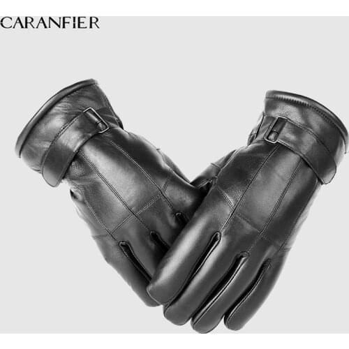 CARANFIER Mens Sheepskin Gloves Genuine Leather Men Winter Outdoor Plus Velvet Warm Fur Thickening Thermal Patchwork Wool Gloves
