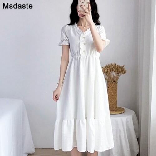 Dress Women Summer 2020 Fashion V Neck Short Sleeve Tunics White Ruffles Casual Lady Dress Mid-calf Plus Size S~4XL Woman Dress