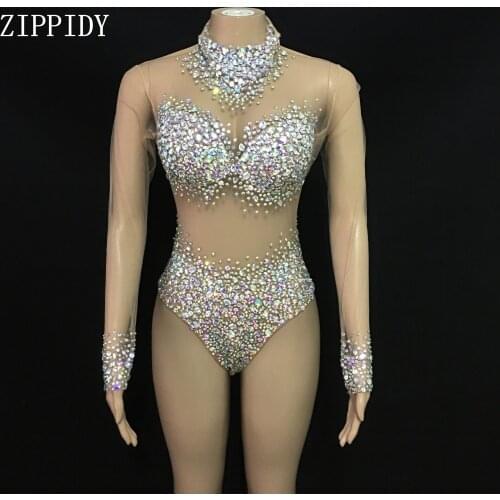 Transparent Net AB Stones Bodysuit Prom Party Outfit Birthday Rhinestones Costume Female Singer Dance Team Stage Wear