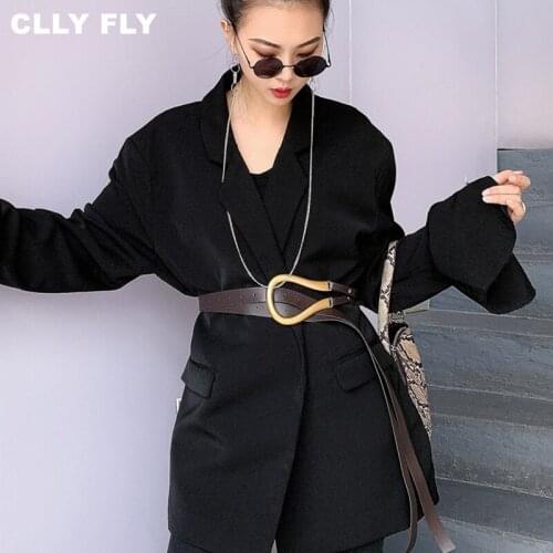 Fashion Gold Metal Big Buckle Belts For Women Curved Large Horseshoe U Buckle Luxury Leather Double Belt For Coat Dress Sweater