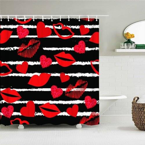 Pink Romantic Red lips love Rose Printed Fabric Shower Curtains Bath Screen Valentines Day Waterproof Bathroom Decor with Hooks