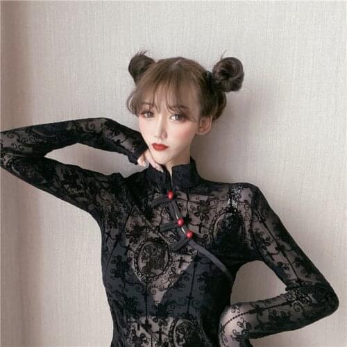 Sexy Transparent Short T-shirts Lace Gothic Streetwear Mesh Top Turtleneck Buckle Long Sleeve Balck See Through Lady Tshirts