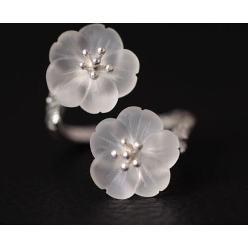 S925 Sterling silver open Ring Flower in the rain inlaid with white crystal double plum blossom Exquisite Jewelry For Festivals
