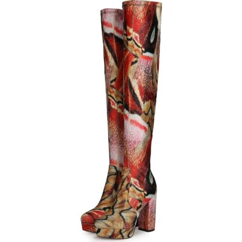 Women Autumn Winter Knee High Boots Flower Print Thigh Boots High Heels Female Square Heel Round Toe Long Boots