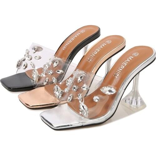 New Summer Fashion Square Toe Slides Transpatent High Heels with Rivet Plus Size Shoes for Women Sandals
