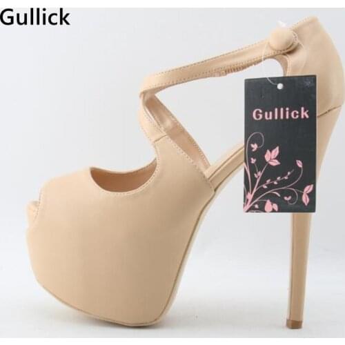 Gullick Sexy Peep Toe Crossed Strappy Platform Pumps Woman 2018 Super Thin High Heels Solid Beige Woman Party Dress Shoe Cheap