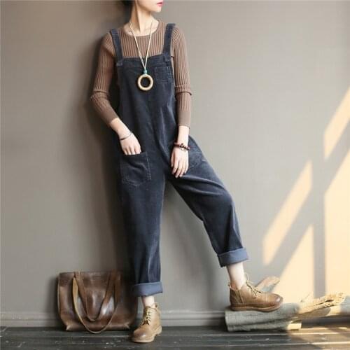 Johnature Women Corduroy Jumpsuits Vintage Warm Cloths 2021 Autumn Winter New Solid Color Loose Pockets High Quality Jumpsuits