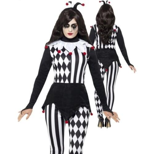 Women Killer Clown Costume Adult Cosplay Terror Clown Jumpsuits Halloween Funny Scary Clothing White Black Stripe Clown Outfits