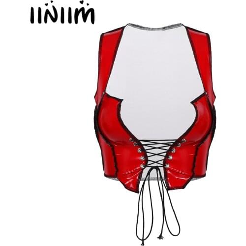 Women Fashion Lace-up Front Patent Leather Sexy Crop Top Wet Look Shiny Sleeveless Tank Top Short Vest Moto Rave Party Clubwear