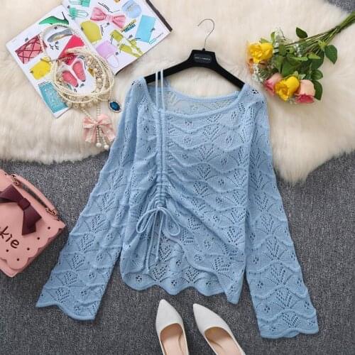 Woman Sweaters Pullover Top Womens Side Drawstring Long Sleeve Pullover Hollow Crocheted Knitted Blouse Femme Chandails