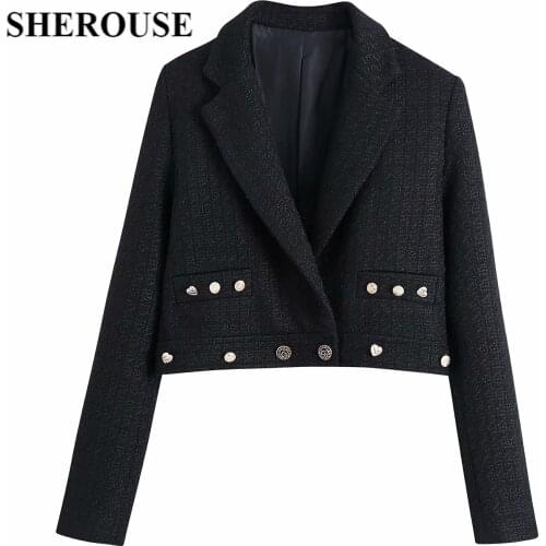SHEROUSE Fashion Women Cropped Blazer with Buttons Decoration Casual Long Sleeves Chic Lady Woman Blazer Suit Y2k Short Coat