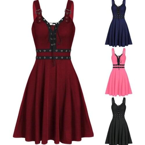 Women Mini Dresses Gothic Black Sexy Deep V Neck 2021 Fall Punk Sleeveless Rivet Fashion Tunic Hip Hop Bandage Female Dress