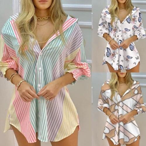 2021 The New Women Color Striped Button Front Blouse Dress Casual Vacation shirt Dress 2021