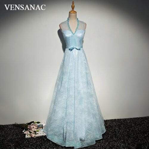 VENSANAC 2018 Pearls V Neck Bow Sash A Line Long Evening Dresses Party Lace Embroidery Illusion Backless Prom Gowns