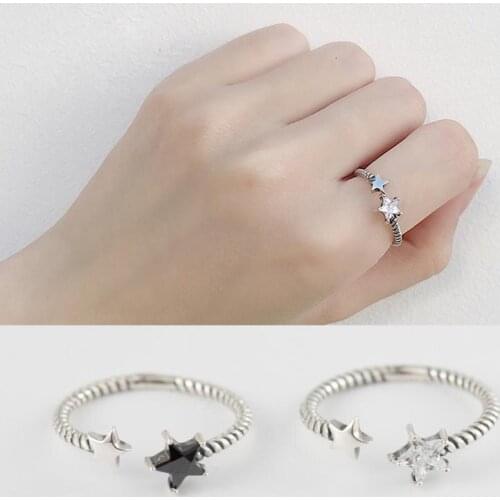 Red Trees Brand Fine Jewelry Star Shape Adjustable Real 925 Sterling Silver Black Stone Rings For Women ,Size 5-7