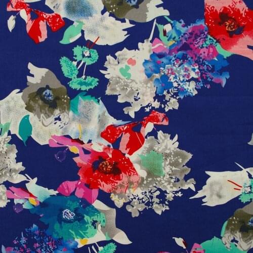 1 yard Cotton Poplin Fabric for sewing pathwork, dress, cloth, bedding - Ink paintings flowers on navy blue (width=140cm)
