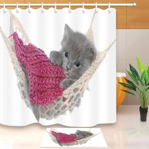 72'' Custom White Shower Curtain With Mat Cute Gray Kitten Cat Red Blanket Hammock Bathroom Curtain Fabric for Bathtub Decor
