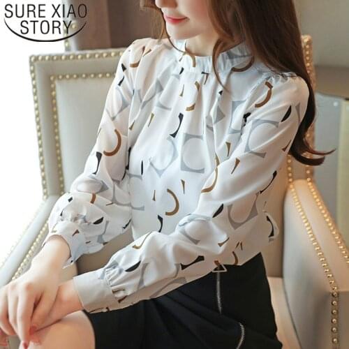 Blusas Mujer De Moda 2021 Womens Tops And Blouses O-Neck Print Chiffon Womens Clothing Long Sleeve Shirts Ladies Tops 6053 50