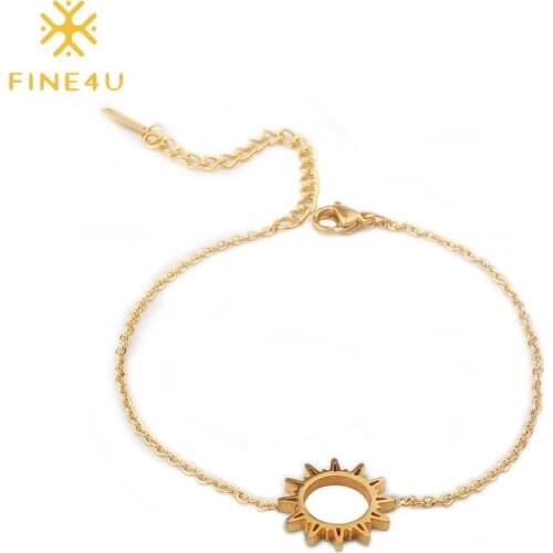 FINE4U B169 Stainless Steel Sun Flower Charms Bracelet Gold Color Link Chain Bracelets For Women Girl Friendship Gifts