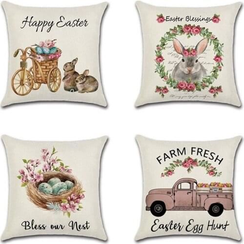 Easter Day Cushion Cover Lovely Rabbit Smear Egg Truck Printed Linen Pillow Case For Home Sofa Celebration Festival Pillowcase