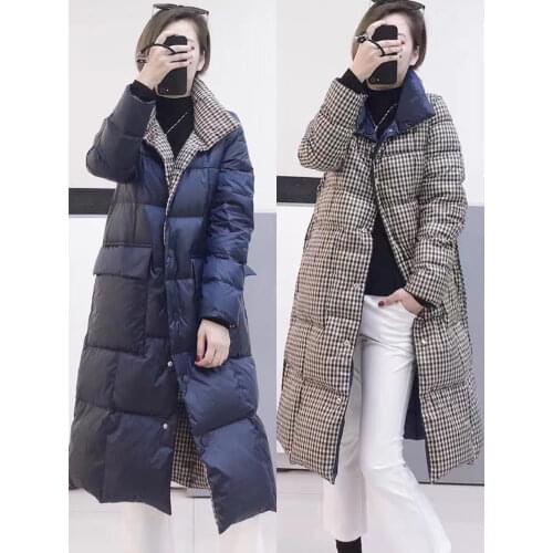 Two-sided down jacket mid-length new fashion womens white duck down over the knee double-sided wear coat