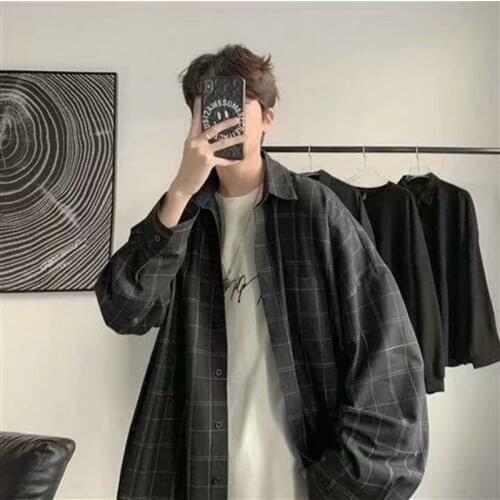 Korean Style Oversized Plaid Shirt Women Men Tops Turn-Down Collar Loose Long Sleeve Casual Shirts Couples Fashion Many Colour