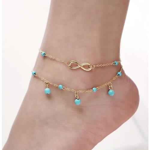 Fashion Two layer Anklet blue Bead charm pendant 8 Shape Silver color and Gold color Metal Plated Chain