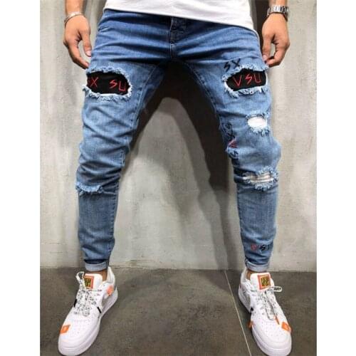 Men Snow Washed Patchwork Holes Ripped Jeans Plus Big Size Vintage Patch Slim Straight Denim Long Pants Men Long Jeans
