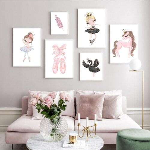 Nordic Ballet Princess Baby Nursery Unicorn Wall Art Canvas Painting Swan Wall Pictures For Children Kid Girl Room Decor