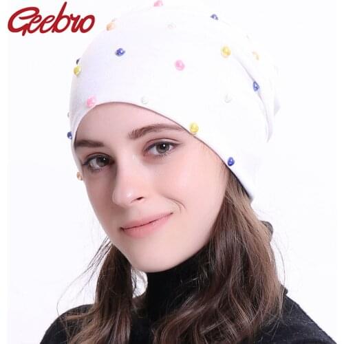 Geebro New Womens Beanie Hat 2020 Autumn Multicolor Pearl Slouchy Skullies Beanies for Female Womens Plain Balaclava Bonnet