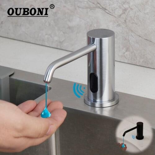 OUBONI Black Bathroom Automatic Kitchen Soap Dispenser for Liquid Soap Lotion Dispensers Tool Stainless Steel Head ABS Bottle