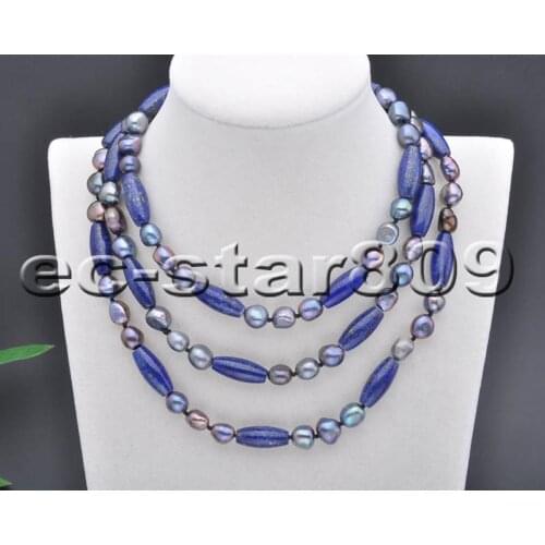 P5804 50" Blue lapis lazuli Black Baroque Freshwater PEARL NECKLACE Woman Fashion Jewelry