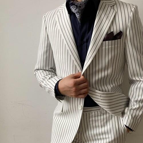 RICODESIGN mens slim fit white strips business suit set two pieces notched lapel fashion smart causal handmade tailored