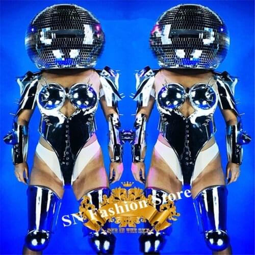 K42 Silver mirror ballroom dance robot suit female stage costumes ballroom dance wears bodysuit armor mirror ball bar outfit dj