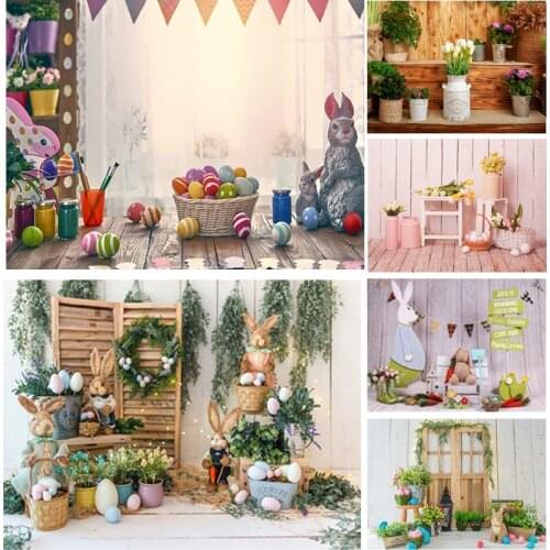 SHENGYONGBAO Spring Easter Photography Backdrop Rabbit Flowers Eggs Wood Board Photo Background Studio Props 2021318FH-02
