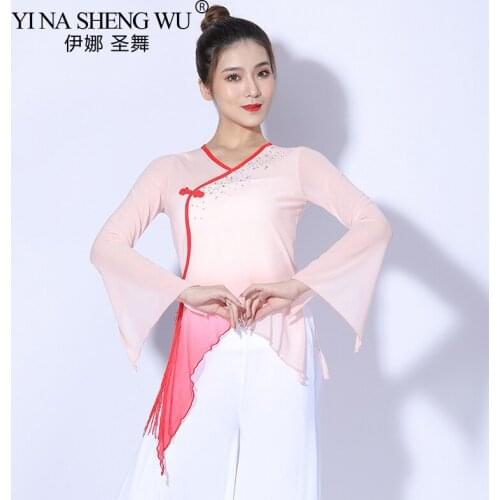 Fairy Elegant Chinese Classical Dance Shirt Long Sleeve Sexy Transparent Mesh Body Rhyme Tops Dancer Practice Wear Plus Size
