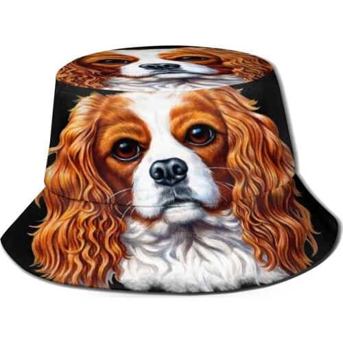Cavalier King Spaniel Full - Face Korean Ladies Outdoor Sun Hat Bucket Cap Cavalier King Spaniel Full Face Dog Dog Art Dogs
