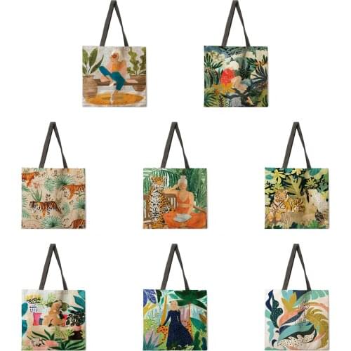 Beauty and Tiger Printed Tote Bag Linen Fabric Bag Casual Folding Shopping Bag Outdoor Beach Bag Daily Handbag